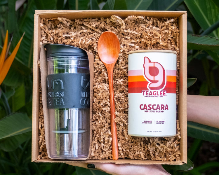 cascara tea antioxidant anti-inflammatory hydrating electrolytes natural energy teaglee coffee cherry holidays bright colors upcycled certified farm dried fruit travel french press gift caffeine 